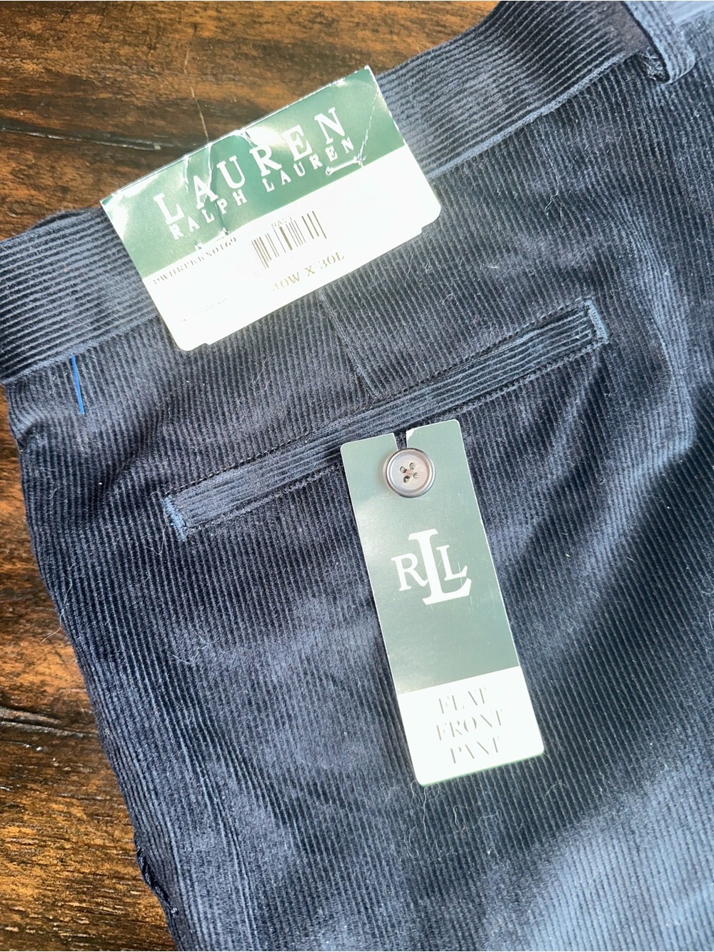 NWT Lauren Ralph Lauren Men's Dark Navy Corduroy Trousers flat front 40 x 30